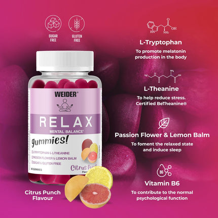 Weider Relax & Sleep Gummies with L-Theanine, L-Tryptophan, Passionflower, Lemon Balm & B6 - Citrus Punch Flavour