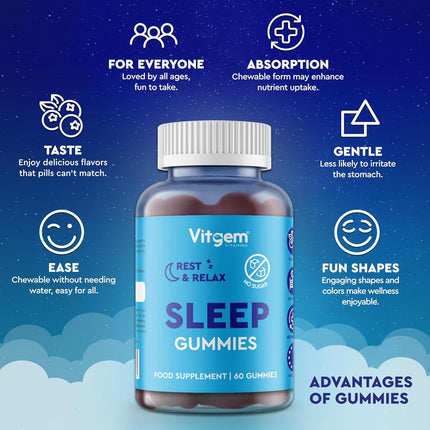 Sleep Gummies with Ashwagandha & Magnesium – Vegan, Sugar-Free, Blueberry Flavour – Natural Sleep Support