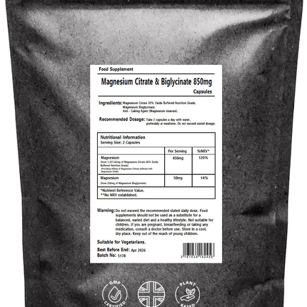 Magnesium Citrate & Bisglycinate (Glycinate) 850mg Capsules