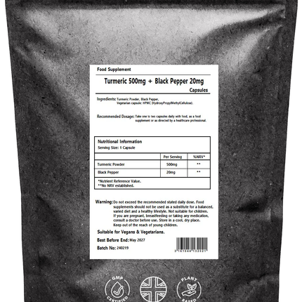 Turmeric 500mg & Black Pepper Capsules - Natural Tumeric Curcumin Bioperine