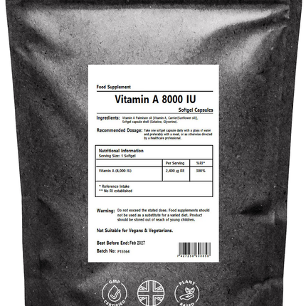 Vitamin A 8000 IU High Strength Vitamin A Supplement Capsules - Retinol Tablets