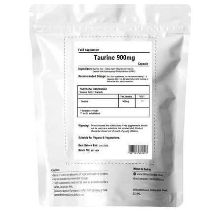Taurine 900mg Capsules – Vegan Amino Acid for Energy & Pre-Workout Support